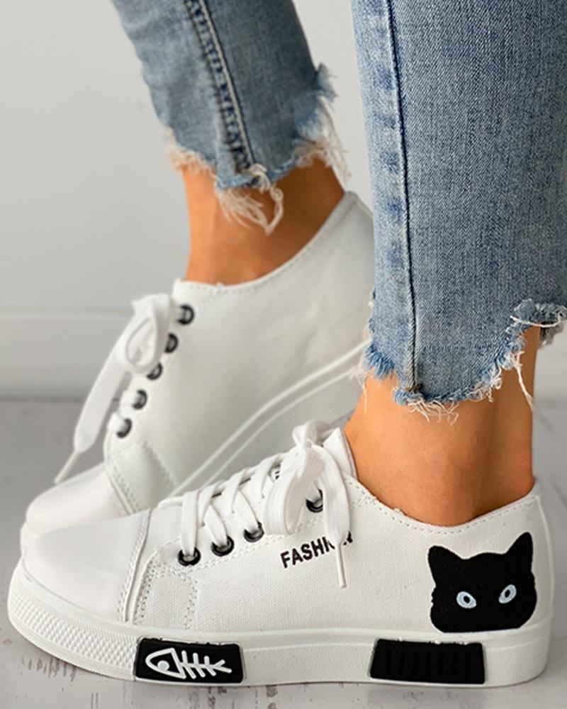 

Cat Graphic Print Eyelet Lace-up Canvas Shoes, White
