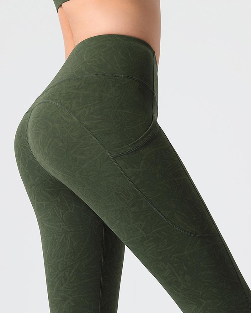 

Embossed Design Side Pocket Butt Lift Leggings, Army green