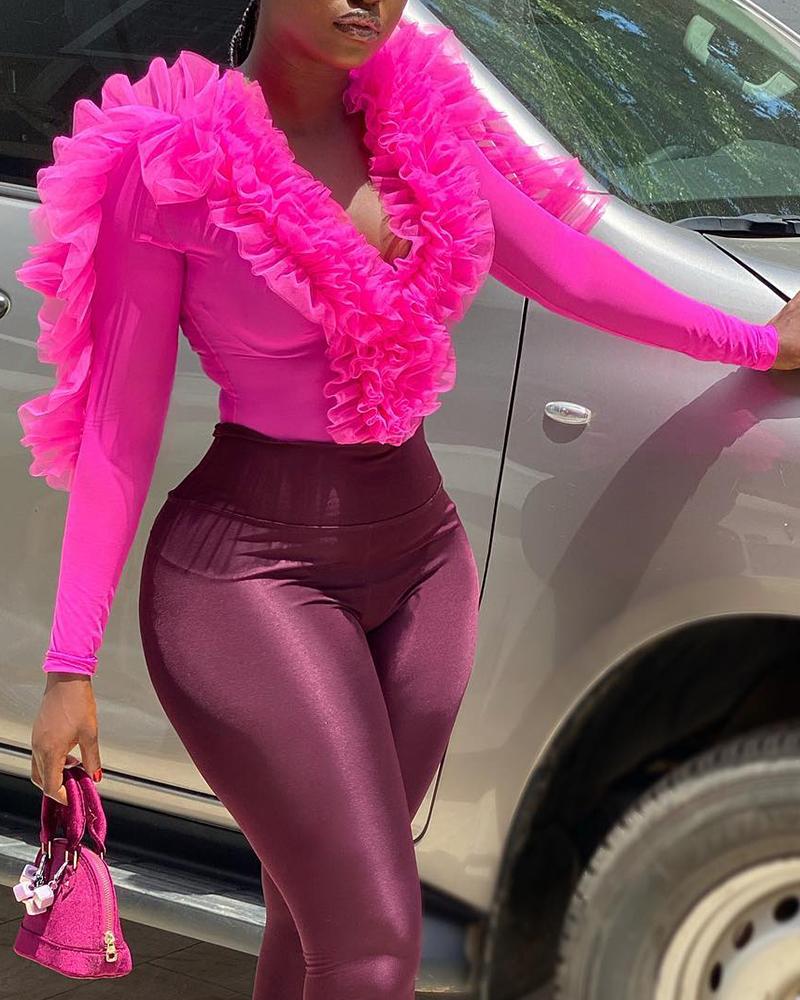 

Ruffle Hem Plunge Long Sleeve Bodysuit, Hot pink