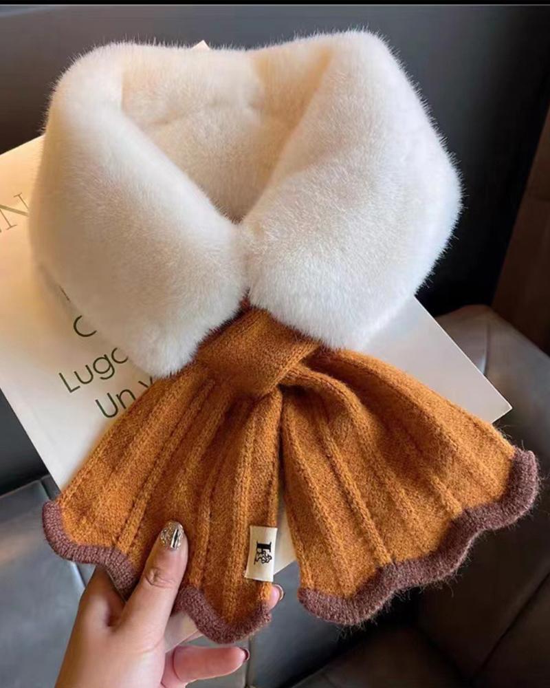 

1pc Colorblock Warm Soft Fuzzy Wrap Around Loophole Scarf, Orange
