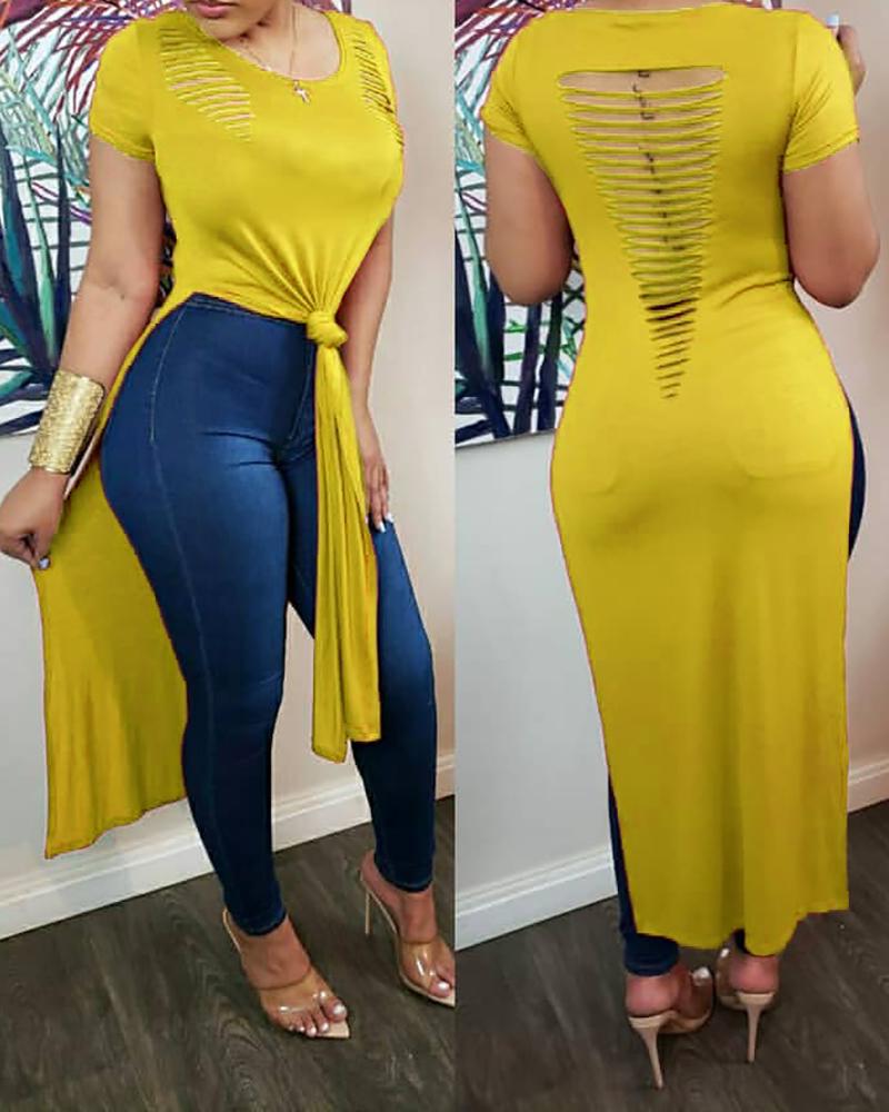 

Ladder Cutout High Slit Short Sleeve Top, Yellow