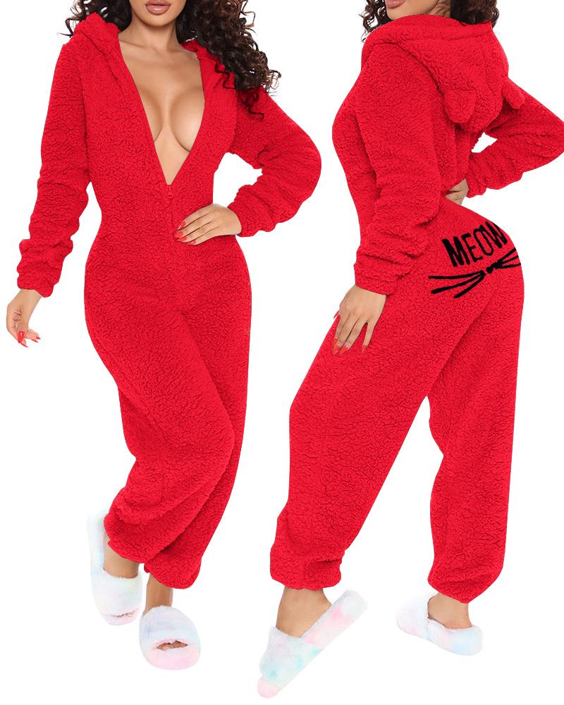 

Letter Embroidery 3D Ear Functional Fluffy Lounge Jumpsuit, Red
