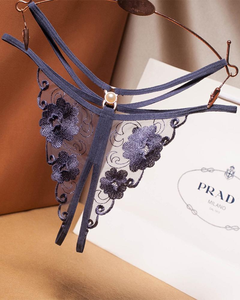 

See-through Mesh Splicing Embroidery Pearl Thong Panties, Gray