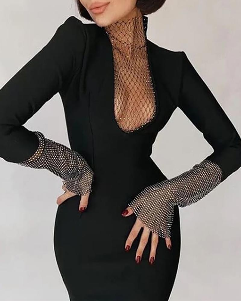 

Studded Fishnet Patch Long Sleeve Bodycon Dress, Black