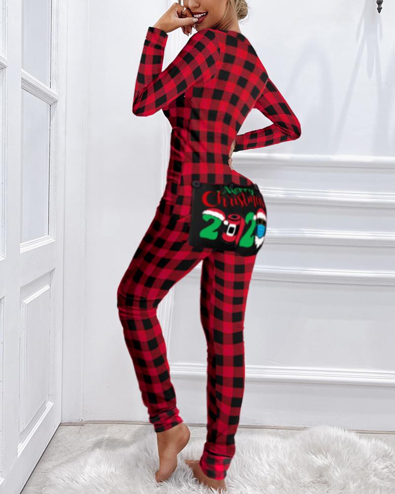 

Christmas Letter Plaid Print Functional Buttoned Flap Adults Pajamas, Red