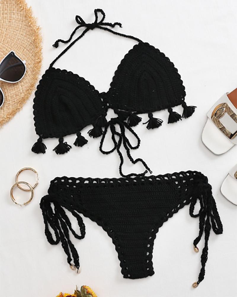 

Tassel Decor Tied Detail Halter Crochet Bikini Set, Black