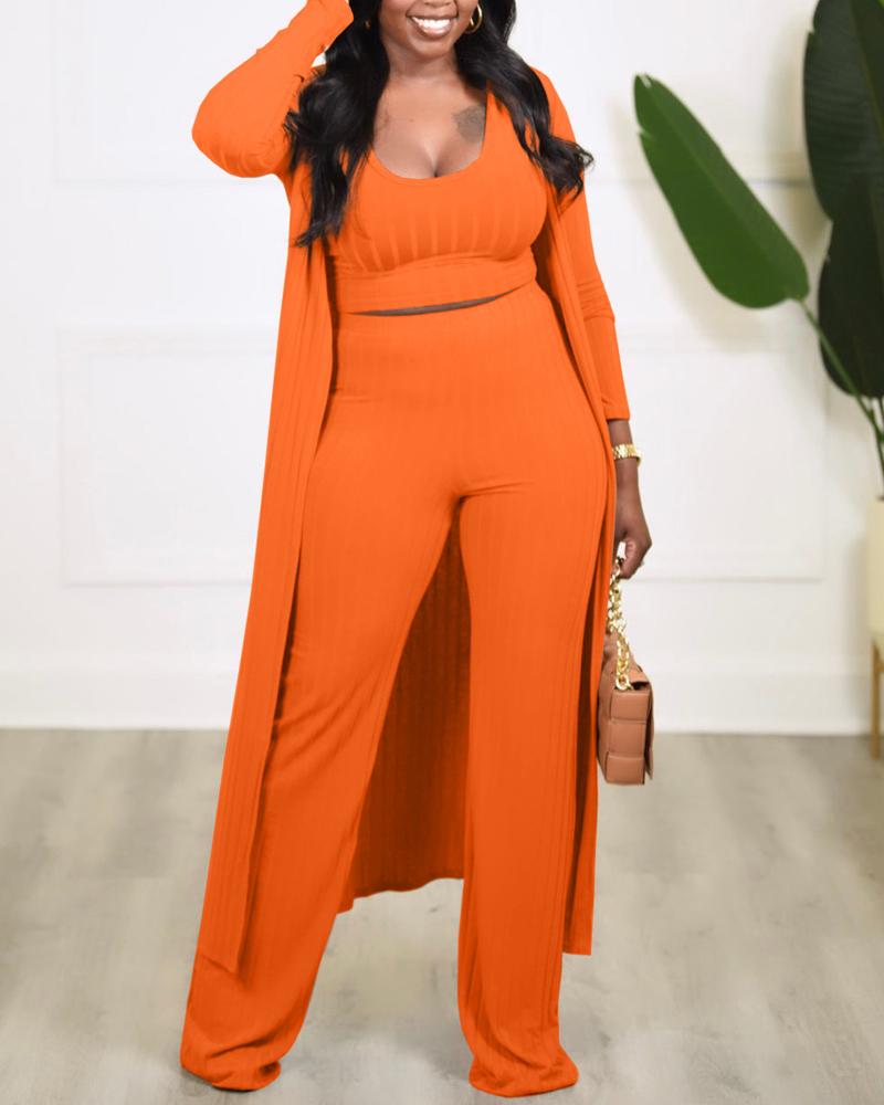 

Plus Size 3PCS Ribbed Tank Top & Pants Set With Longline Coat, Orange