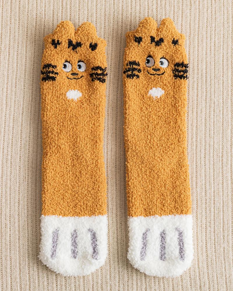 

1Pair Cat Paw Print Fuzzy Socks, Yellow