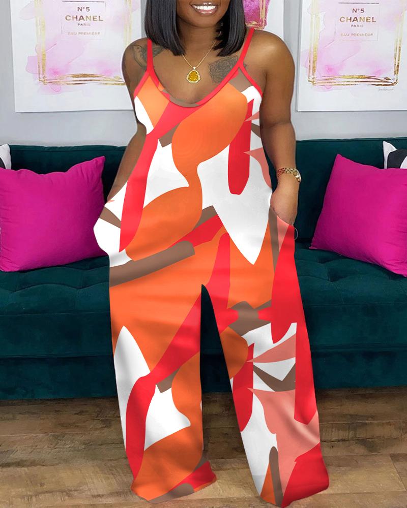 

Plus Size Geometric Print Spaghetti Strap Jumpsuit, Orange