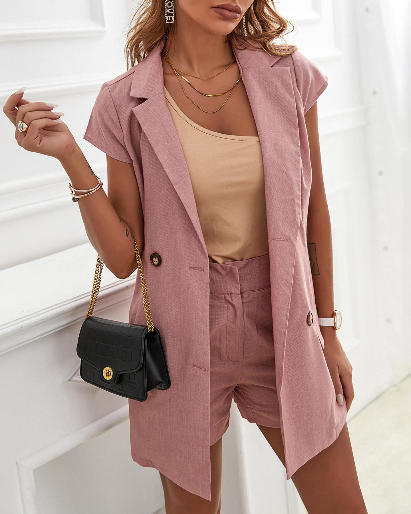 

Double Breasted Blazer Coat & Shorts Set, Coffee
