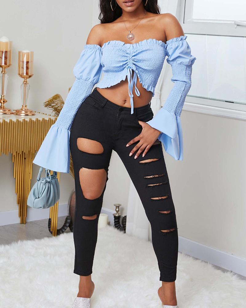 

Cutout Solid Denim Pants, Black