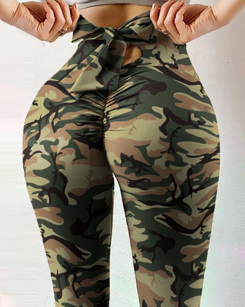 

Camouflage Print Bowknot Decor Active Pants, Camoflage
