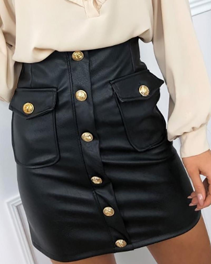 

PU Leather Button Decor Skirt, Black