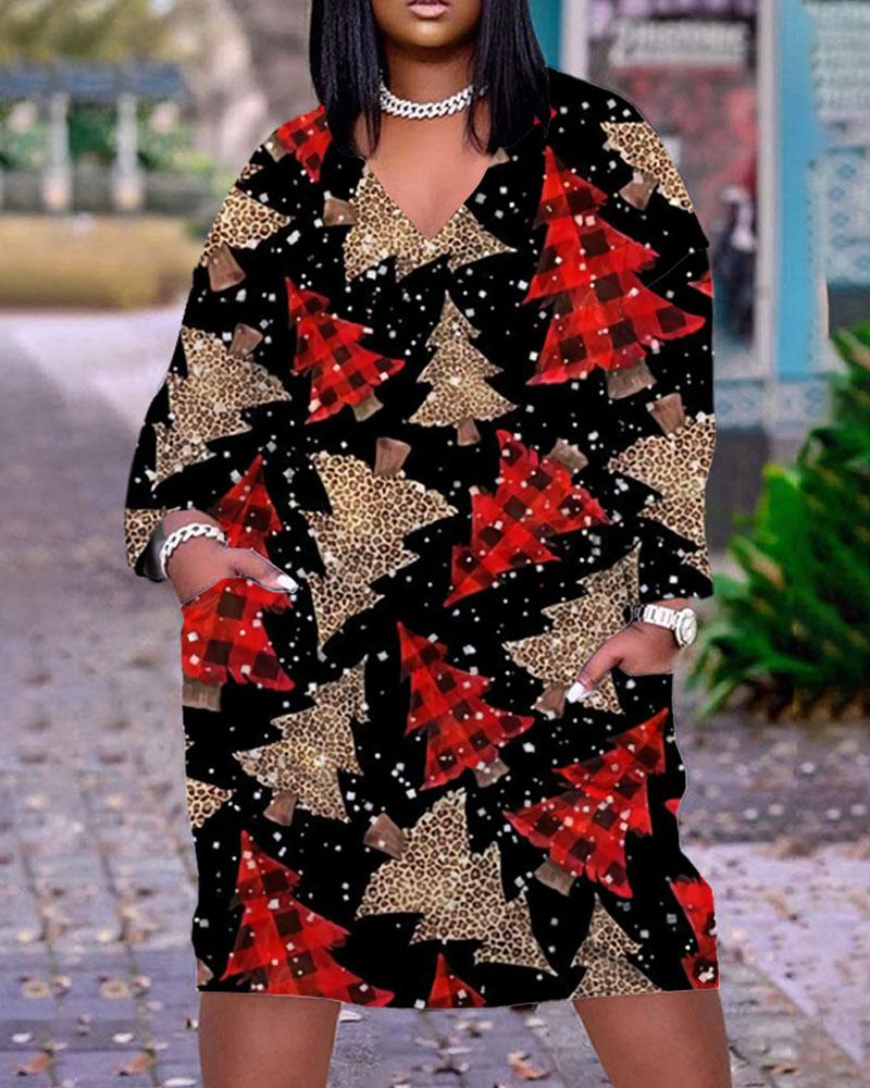 

Plus Size Christmas Tree Print Casual Dress, Red