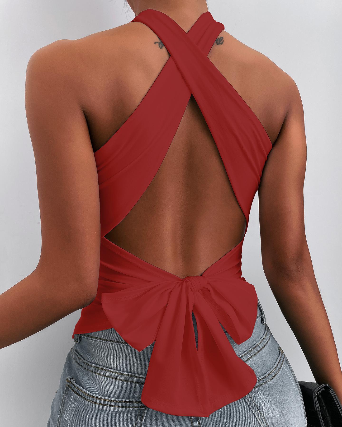 

Crisscross Backless Tied Detail Top, Red