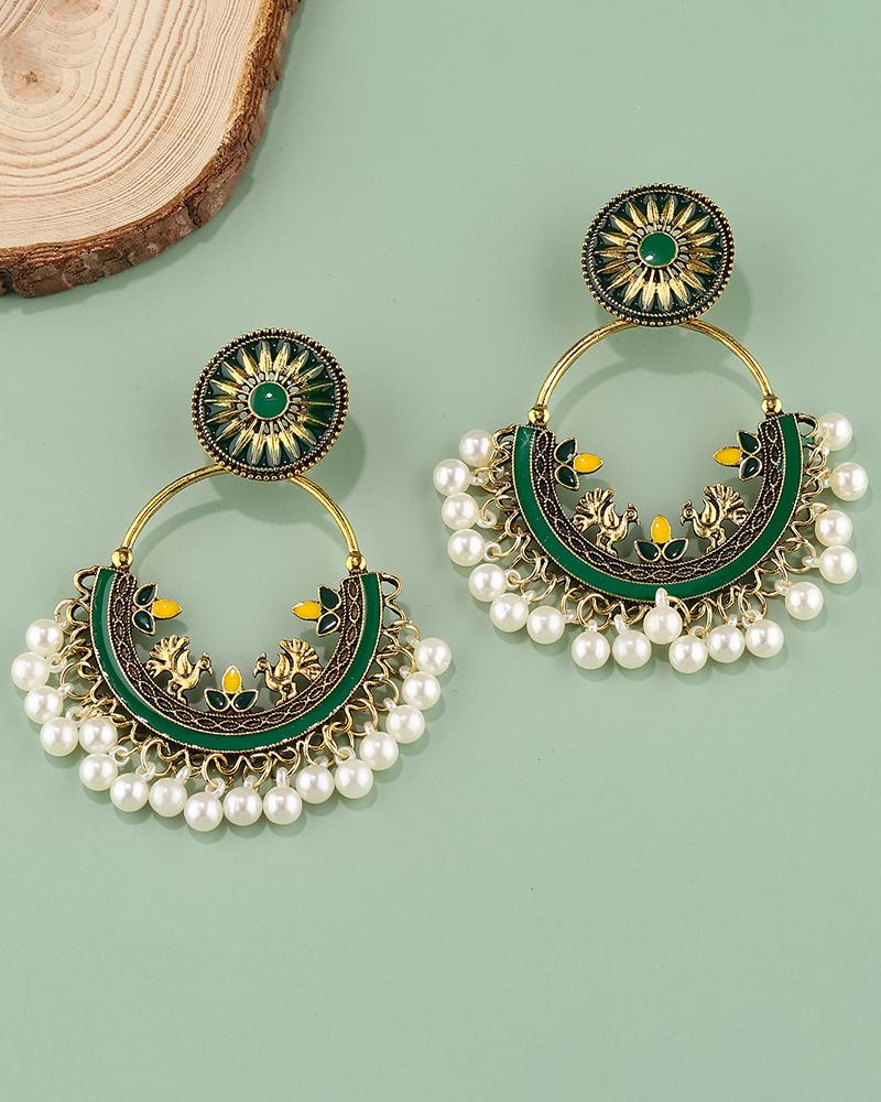 

1Pair Animal Floral Geometric Pattern Beaded Tassel Hoop Earrings, Army green
