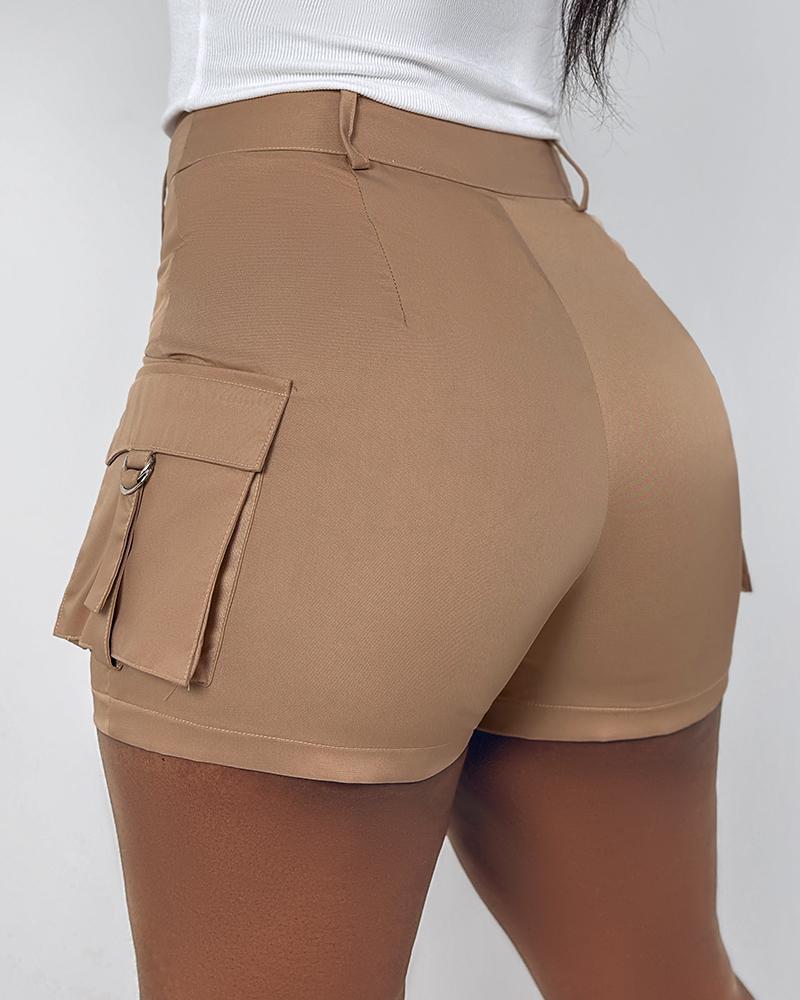 

Buckled High Waist Cargo Shorts, Apricot