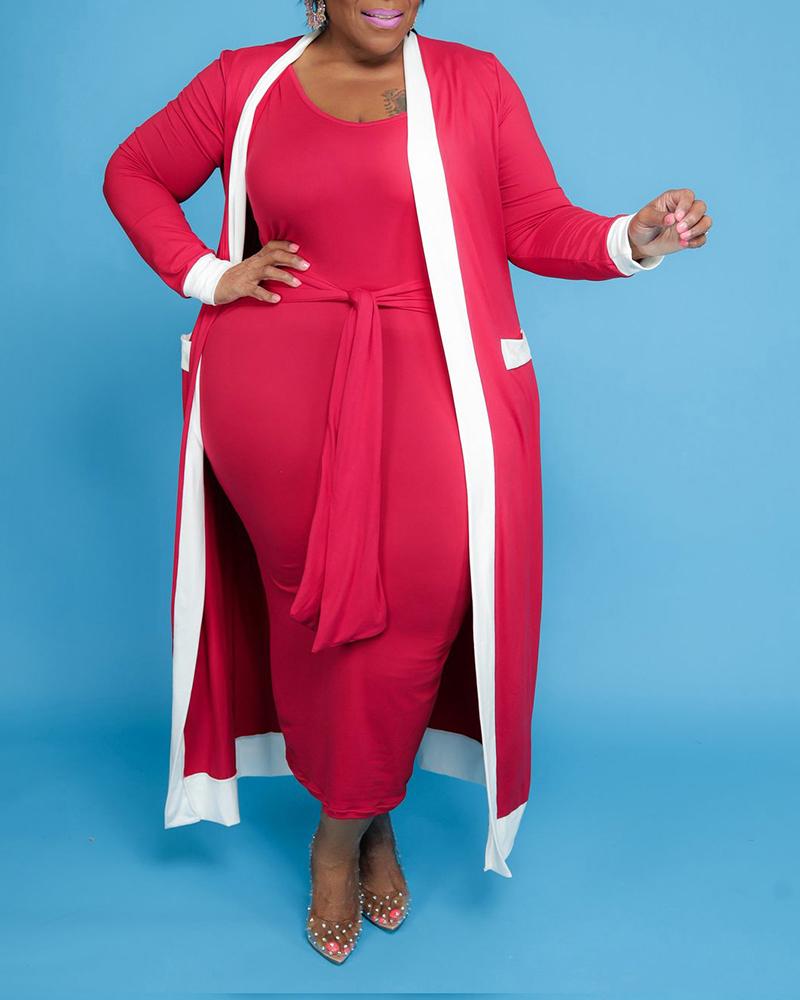 

Plus Size Tie Front Casual Dress & Striped Print Longline Cardigan Set, Red