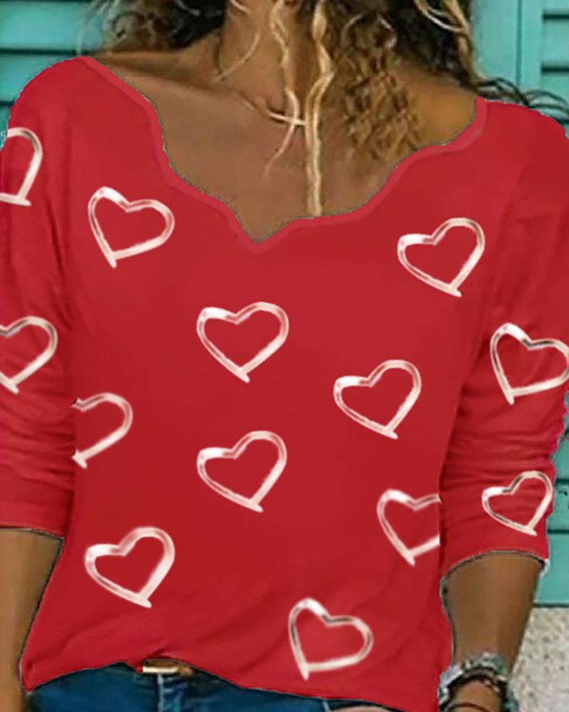 

Heart Print Long Sleeve T-shirt, Red