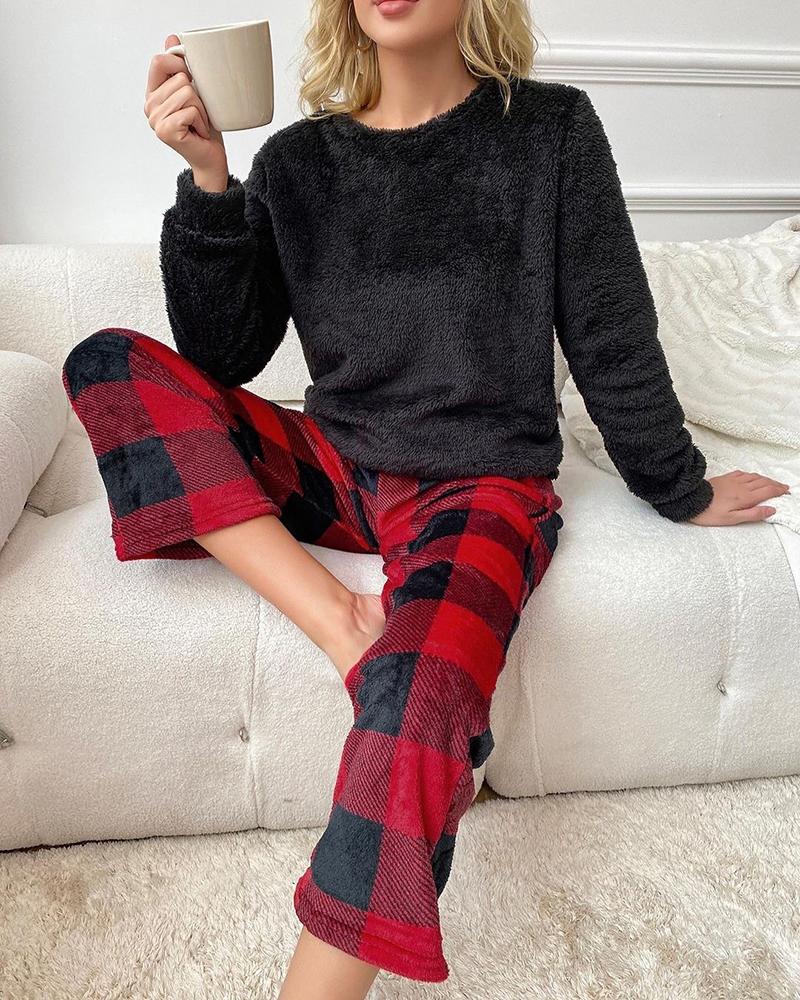 

Velvet Round Neck Plaid Print Pajamas Set, Red