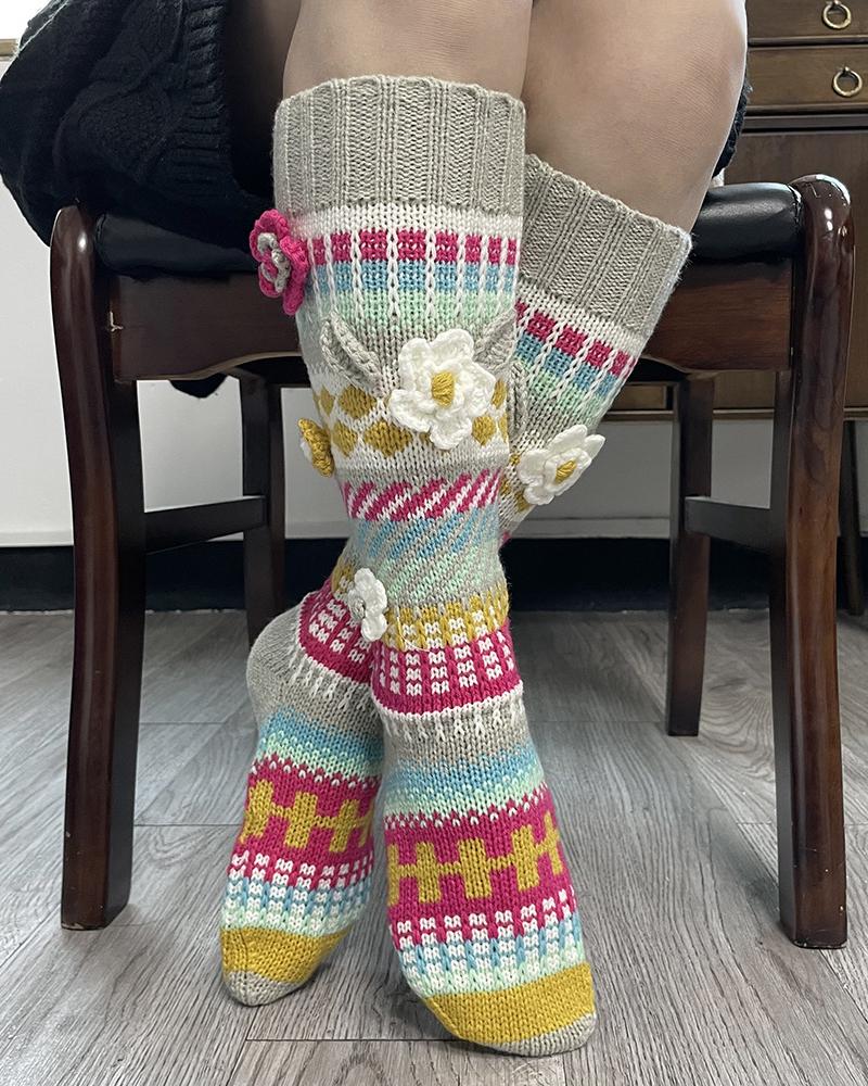 

1Pair Floral Geometric Pattern Knit Floor Socks, Style1