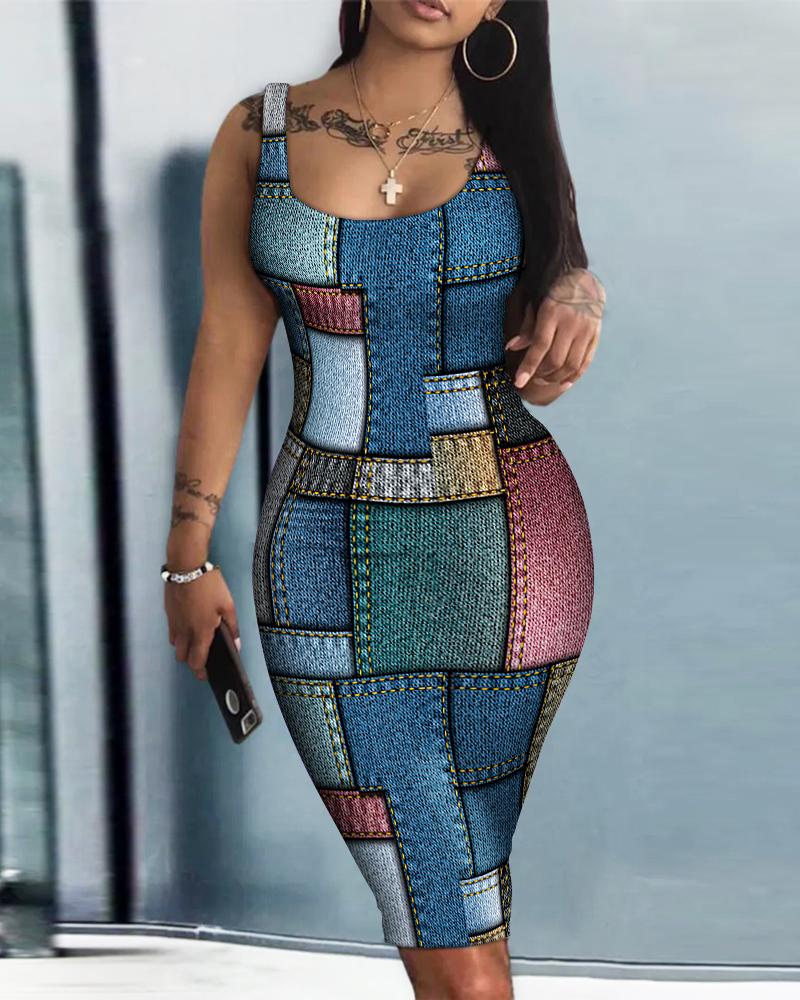 

Denim Look Print Sleeveless U-Neck Bodycon Dress, Multicolor