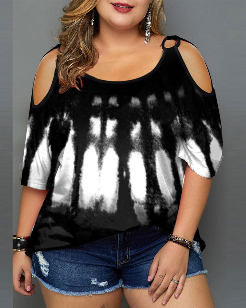 

Plus Size Tie Dye Print Cold Shoulder Top, Black