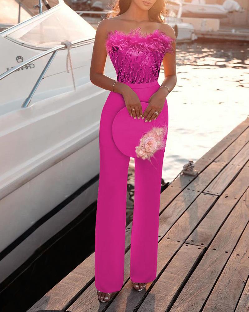 

Contrast Sequin Feather Trim Tube Jumpsuit, Hot pink