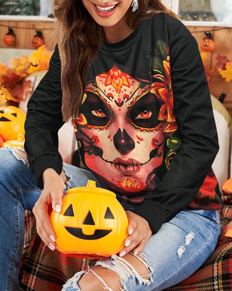 

Halloween Graphic Print Long Sleeve Sweatshirt, Black