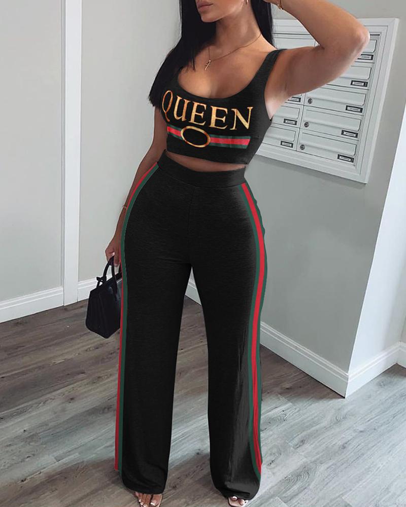 

Print Crop Tank Top & Striped Tape Pants Set, Black