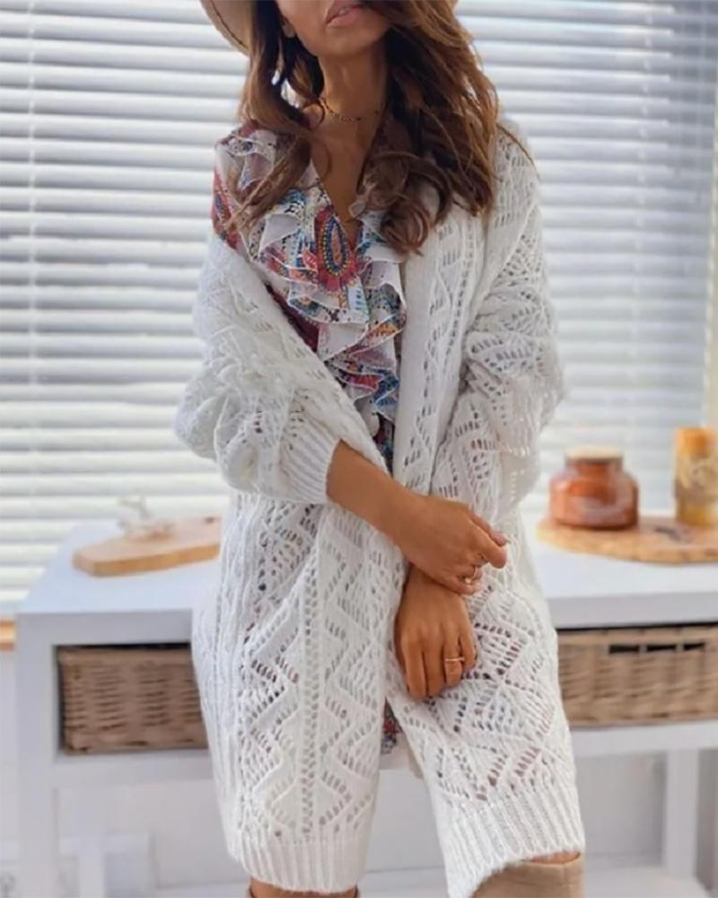 

Hollow Out Knit Logn Sleeve Cardigan, White