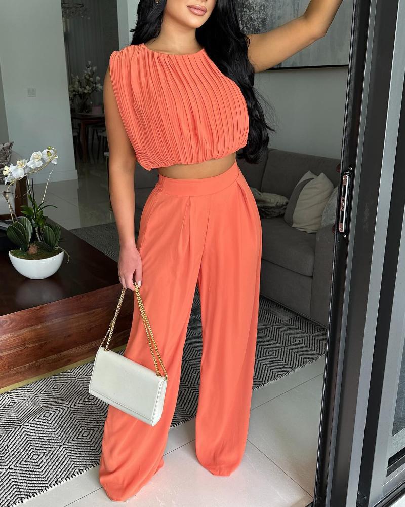 

2 Pieces Round Neck Sleeveless Ruched Crop Top and Casual Loose Fit Pants Set, Orange