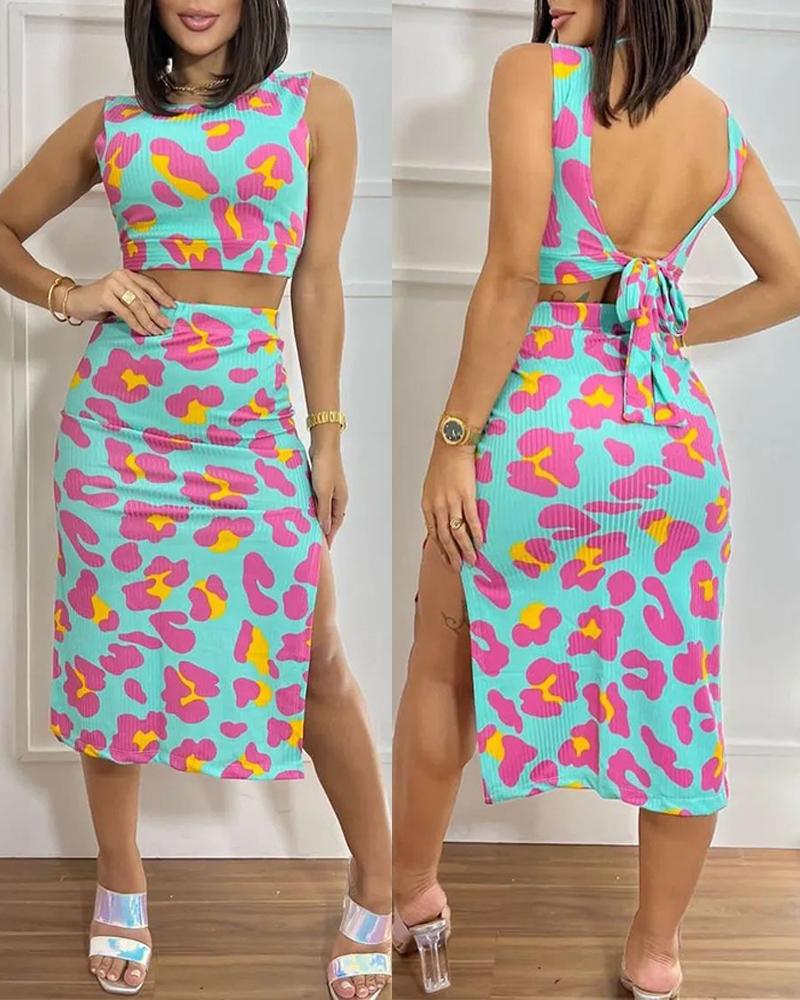 

Leopard Print Tied Detail Top & Skirt Set, Blue