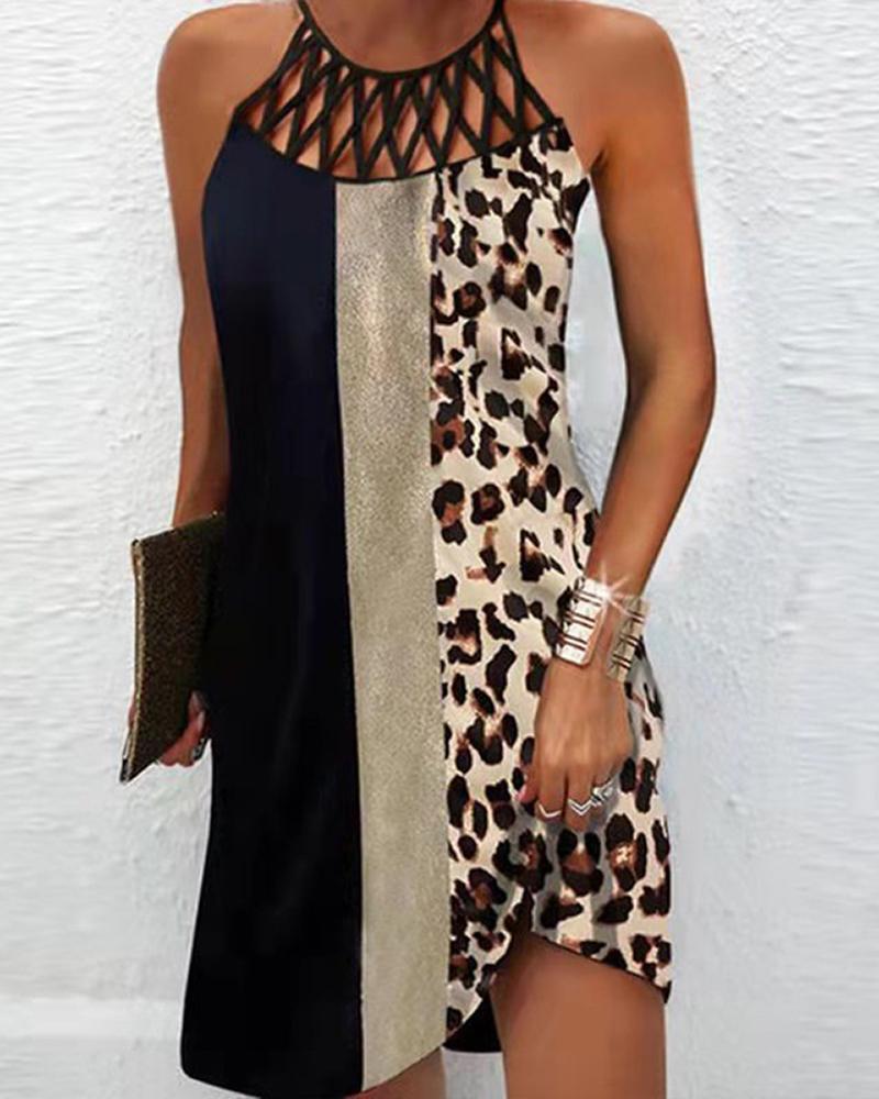 Halter Hollow Out Cheetah Print Colorblock Vestido casual