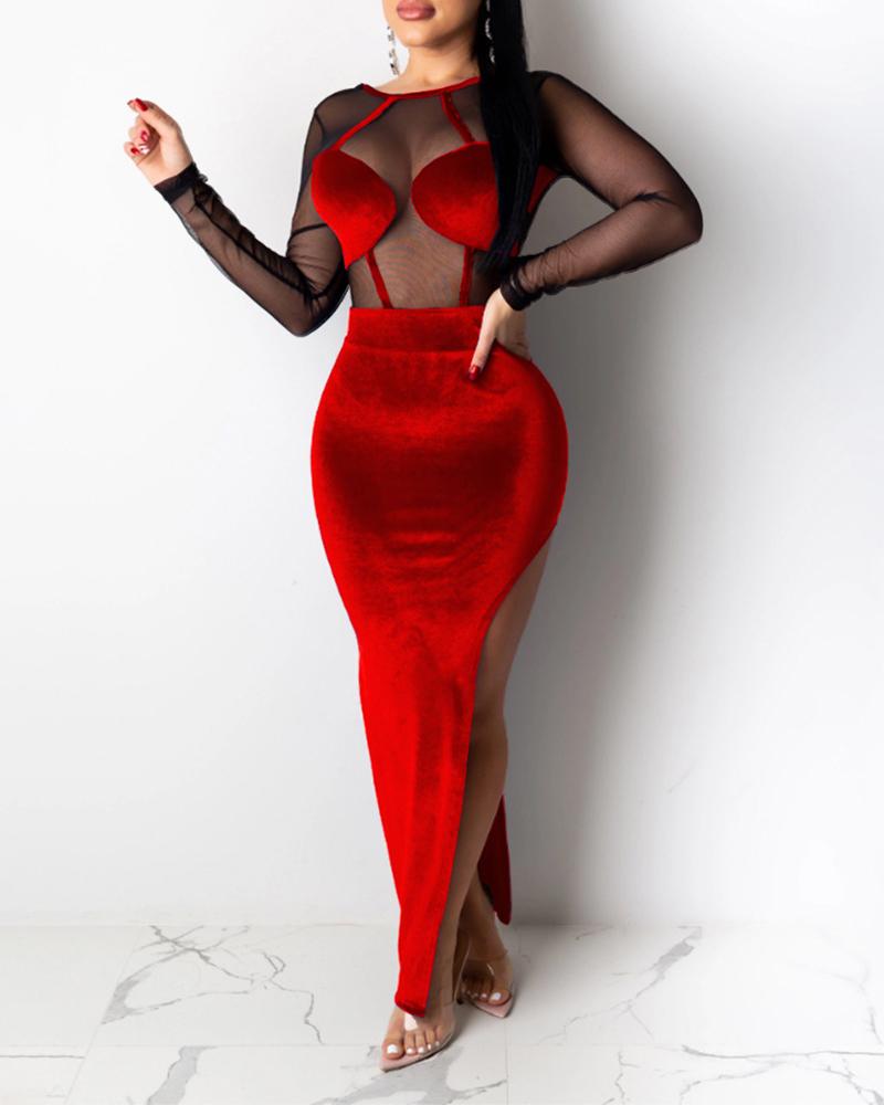 

Velvet Sheer Mesh Patch High Slit Party Dress, Red