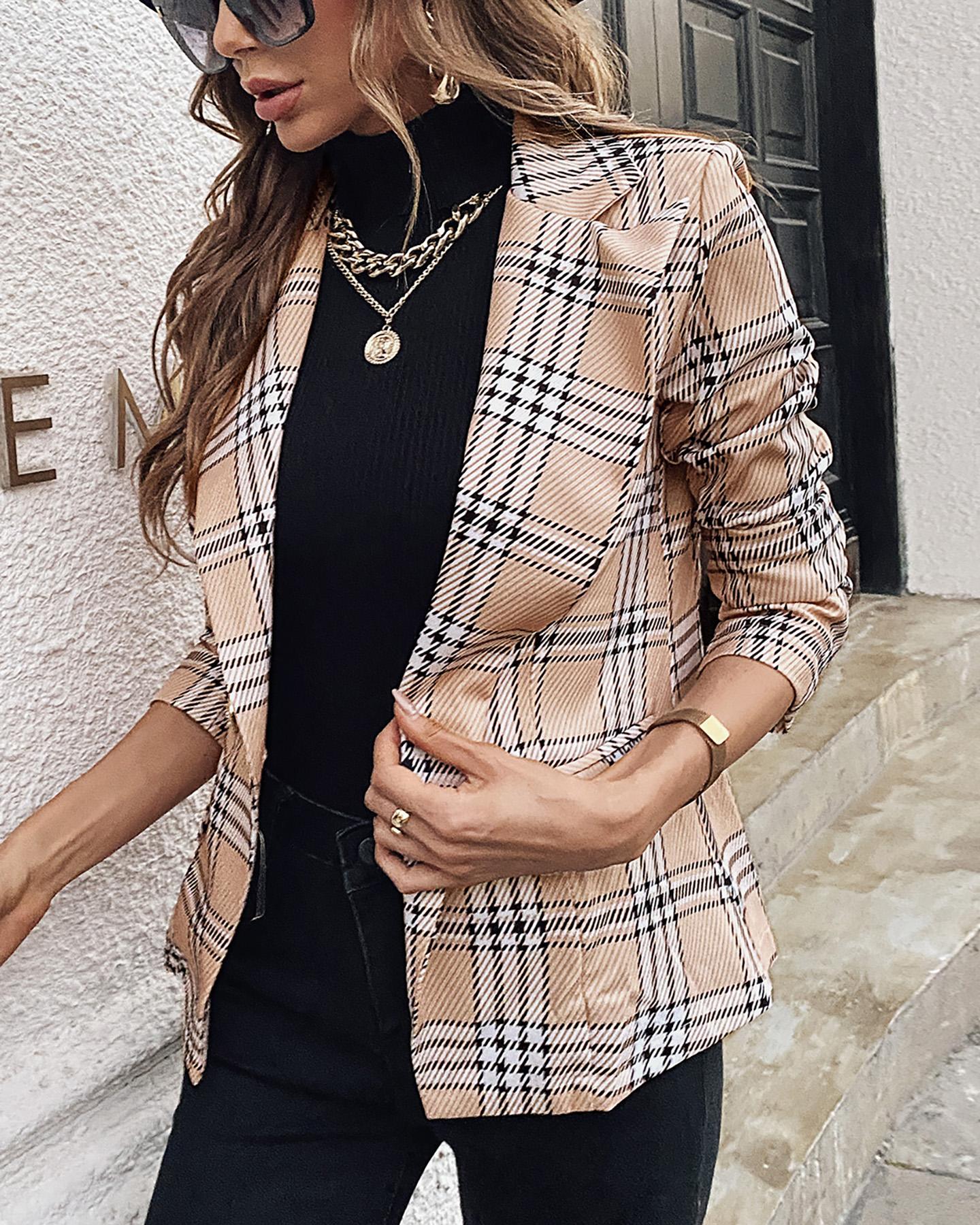 

Plaid Print Long Sleeve Double Breasted Blazer Coat, Khaki