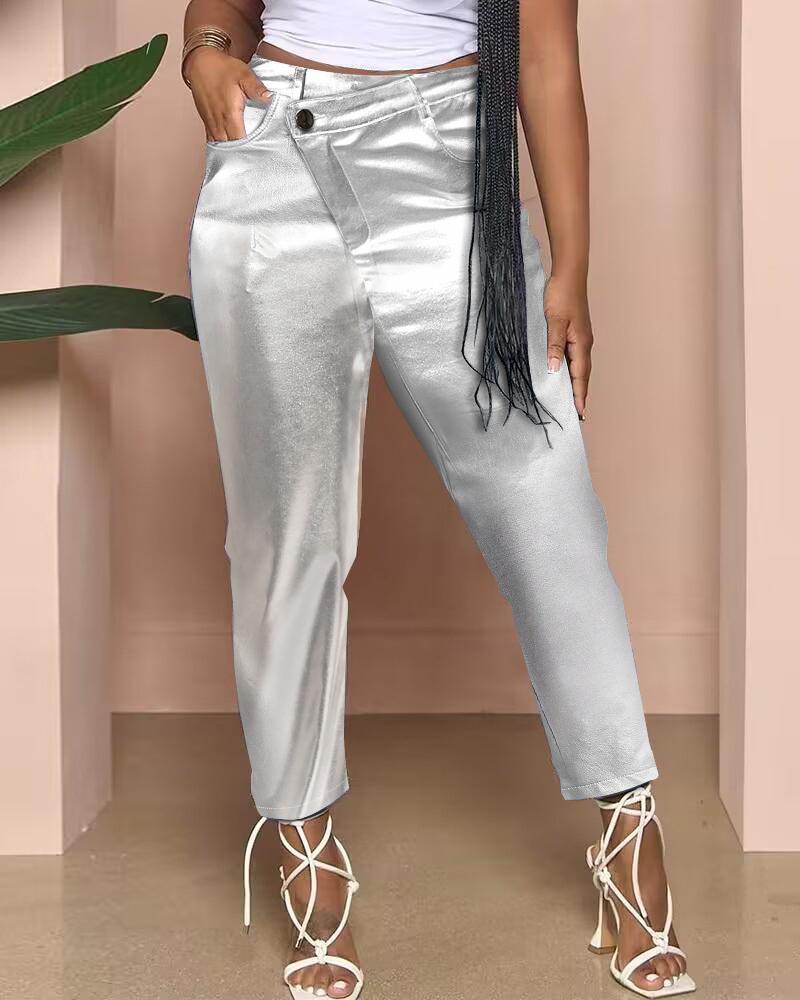 

Metallic Overlap Waist Pocket Design Pants, Silver