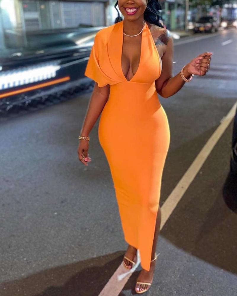 

One Shoulder Split Hem Skinny Maxi Dress, Orange