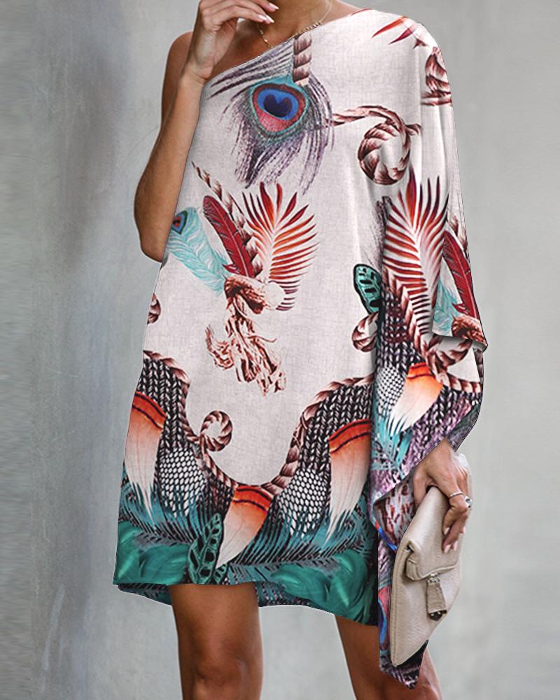 

Peacock Print One Shoulder Casual Dress, Multicolor