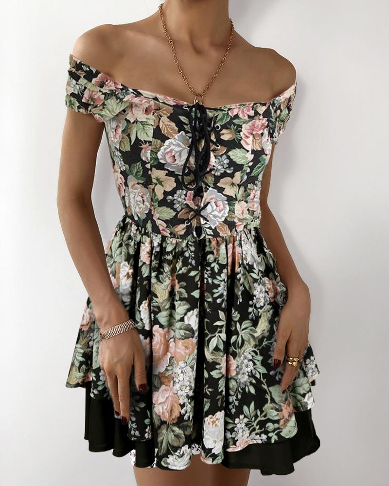 

Eyelet Lace-up Off Shoulder Floral Print Dress, Black