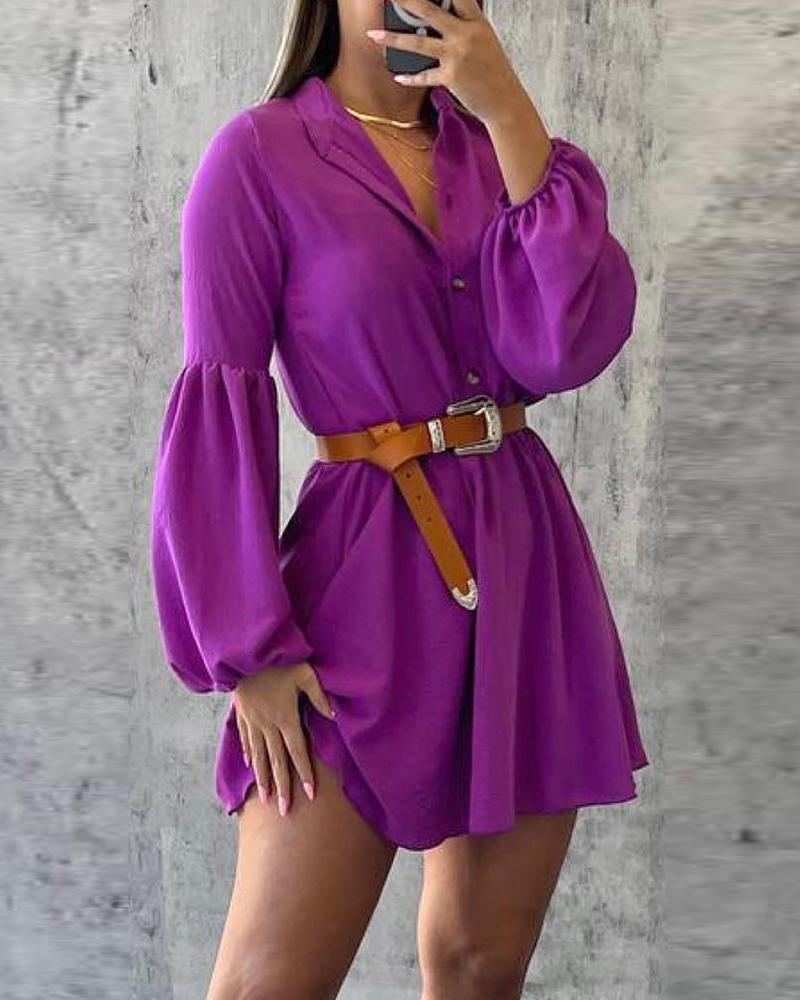 

Lantern Sleeve Buttoned Casual Dress, Purple