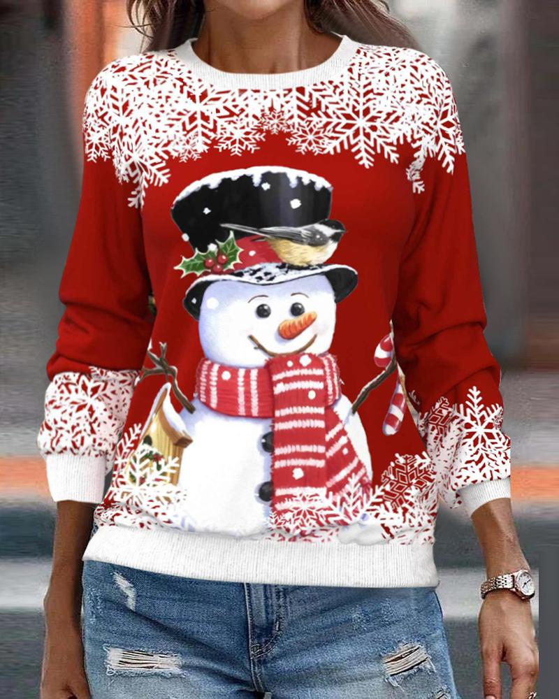 

Christmas Snowman Snowflake Print Long Sleeve Top, Red