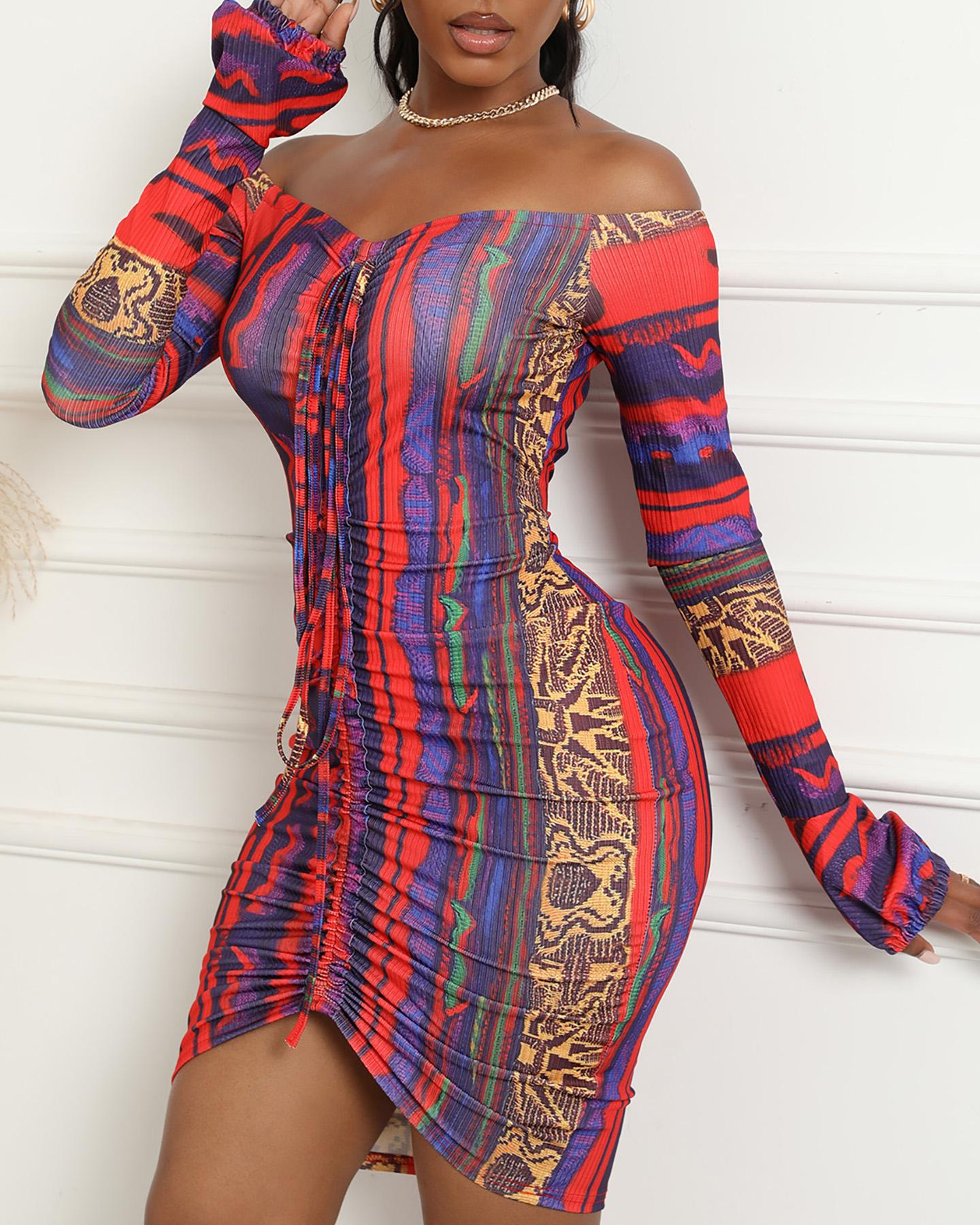 

Vintage Patterns Print Long Sleeve Off Shoulder Skinny Slit Midi Dress, Multicolor