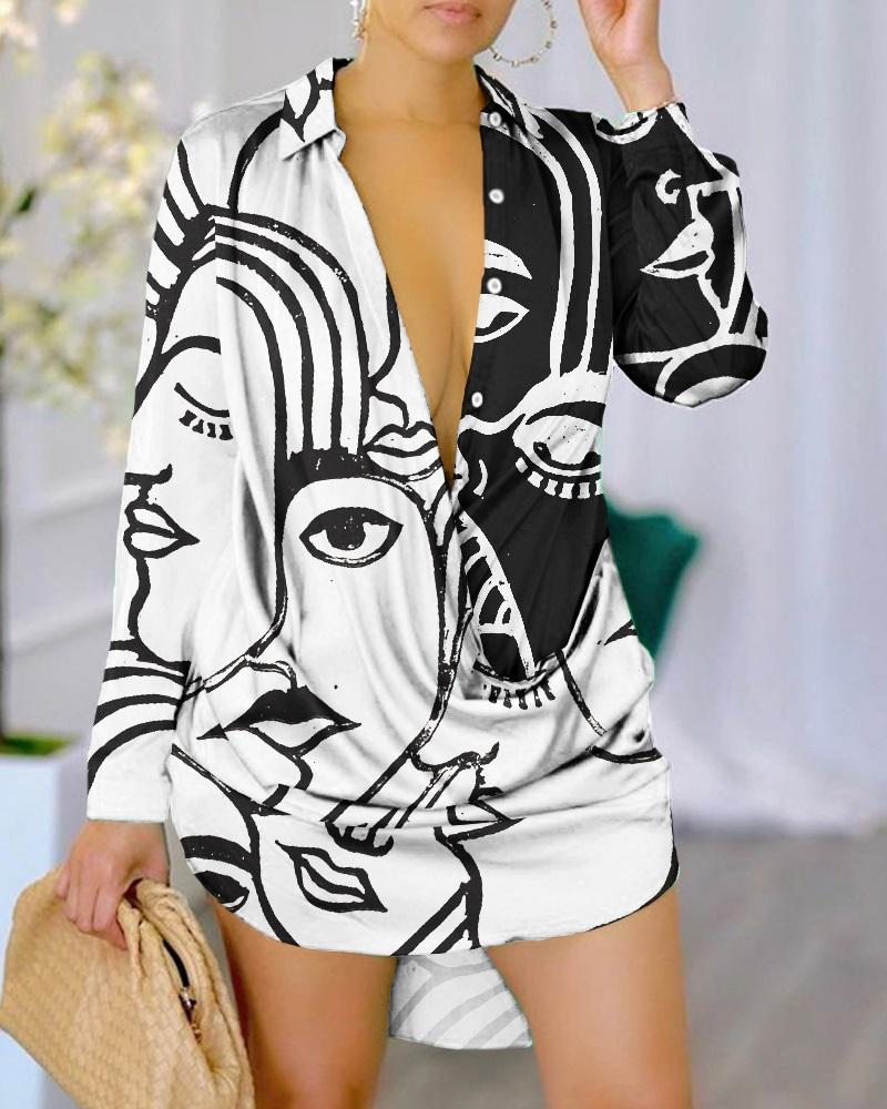 

Abstract Figure Print Long Sleeve Draped Shirt Dress, White