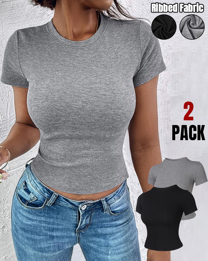 

2-Pack Crewneck Short Sleeve Skinny Ribbed T-Shirt, Style1