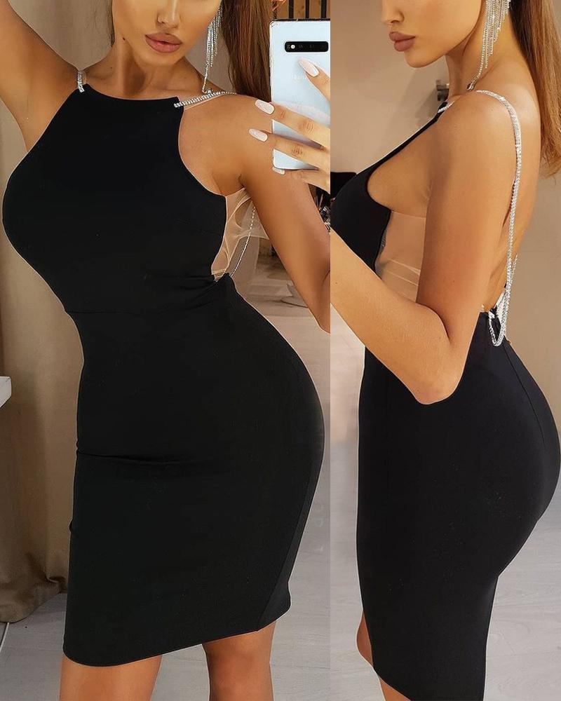 

Rhinestone Decor Straps Contrast Lace Backless Slit Bodycon Dress, Black