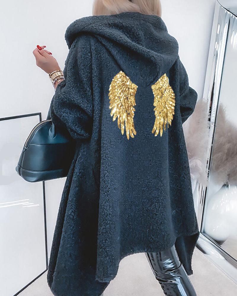 

Fluffy Long Sleeve Wings Pattern Hooded Coat, Black
