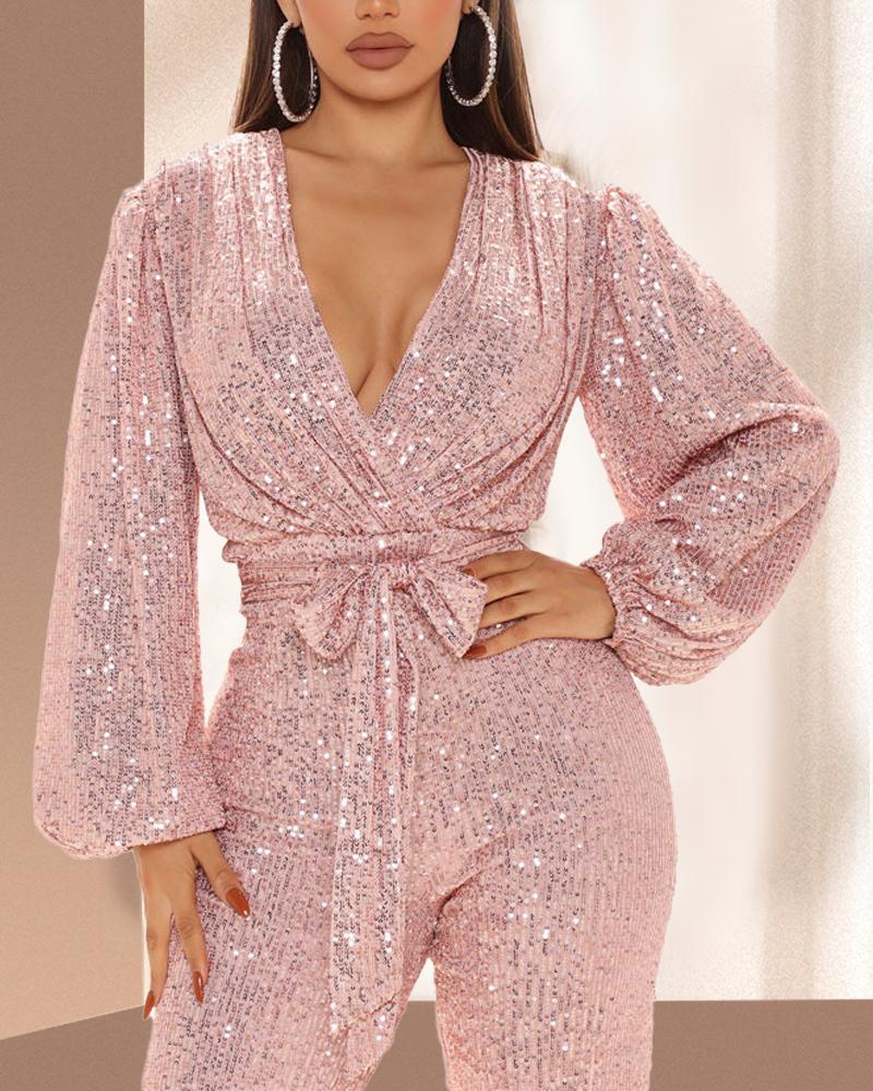

Lantern Sleeve Sequin Jumpsuit With Belt, Pink