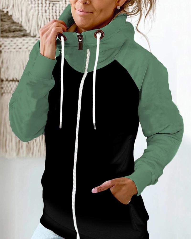 

Colorblock Zipper Pocket Design Lined Coat, Green