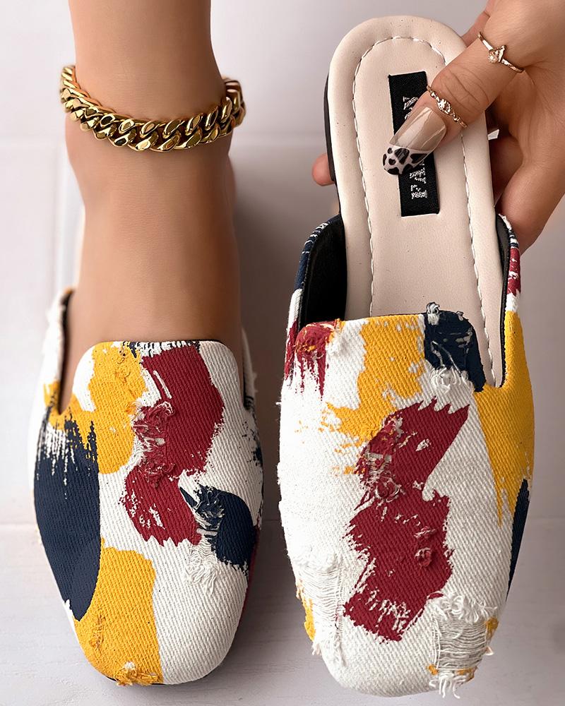 

Ink Splash Print Ripped Slippers Square Toe Mules, Multicolor